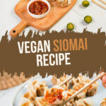 Vegan siomai on a wooden board with a sauce in small white bowl