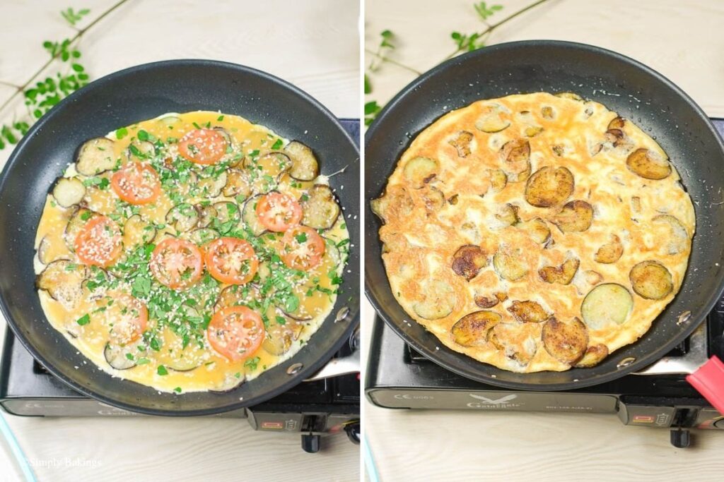 A frying pan with the eggplant omelette mixture