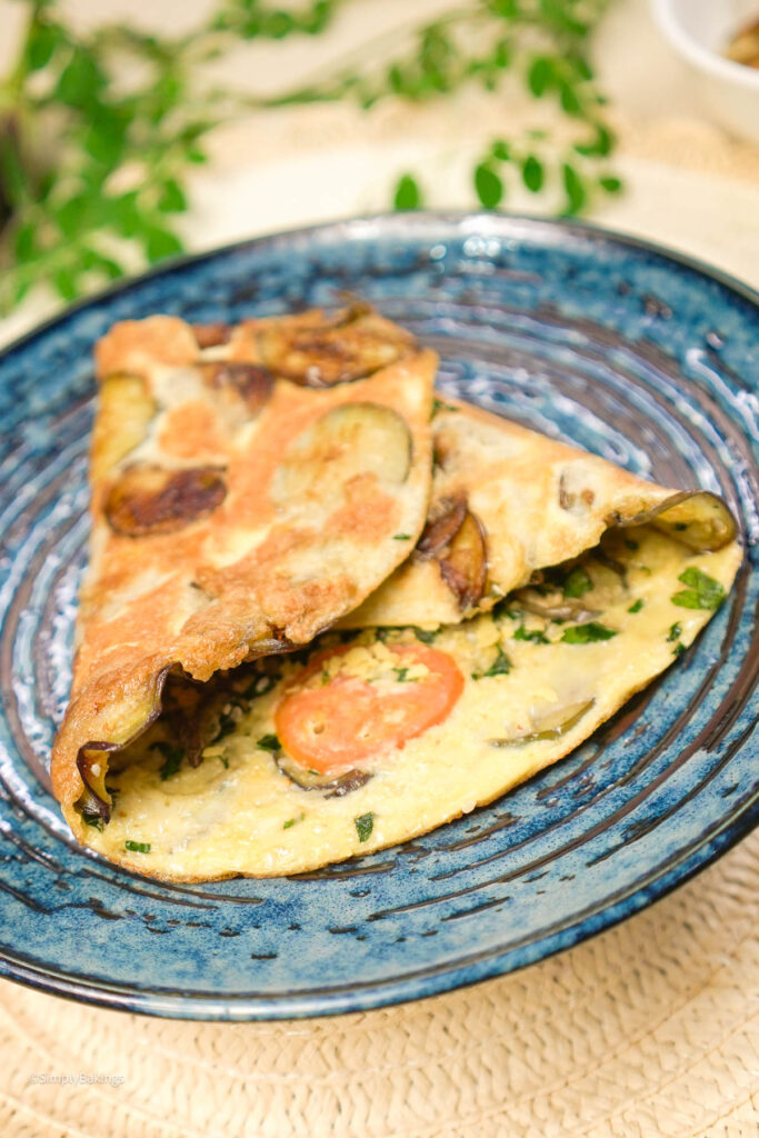 Eggplant omelette on a blue plate